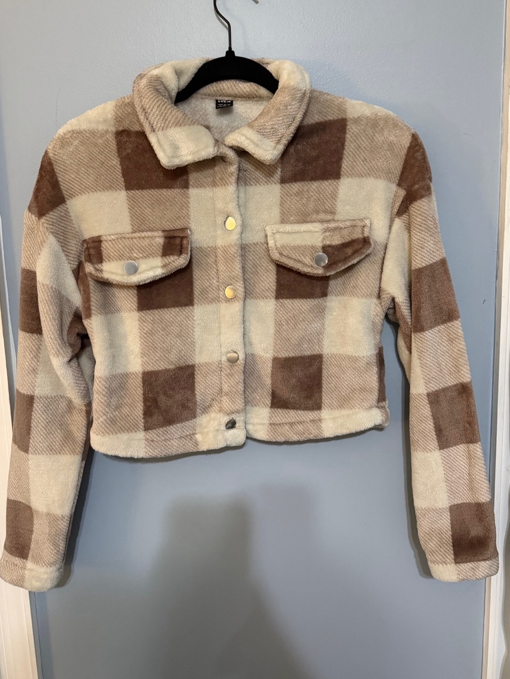 SHEIN Plush Checkered Cropped Fleece Robe Jacket - Cream & Brown